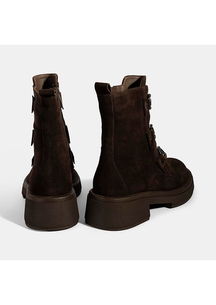 Kadın Kahve Metal Toka Detaylı Süet Deri Bot