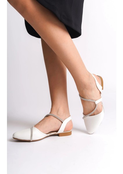 Hannah Lastikli Ortopedik Rahat Taban Taş Detaylı Kadın Babet Ayakkabı Ckt - Beyaz