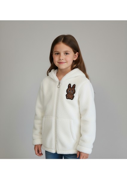 Labubu Nakışlı Pelüş Kapüşonlu Kız Çocuk Hırka
