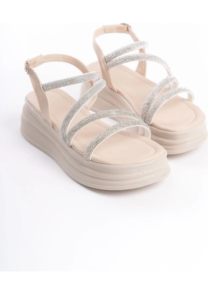 Rıley Ince Tokalı Taşlı Şeritli Ortopedik Taban Kadın Sandalet Ckt - Krem fırsatları