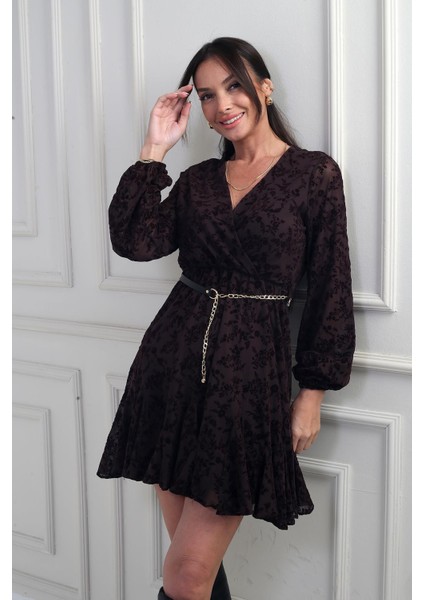 Kadın Kruvaze Yaka Astarlı Flok Baskılı Kısa Tül Elbise