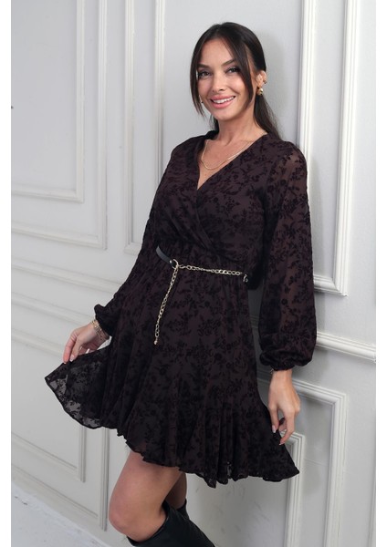 Kadın Kruvaze Yaka Astarlı Flok Baskılı Kısa Tül Elbise modelleri