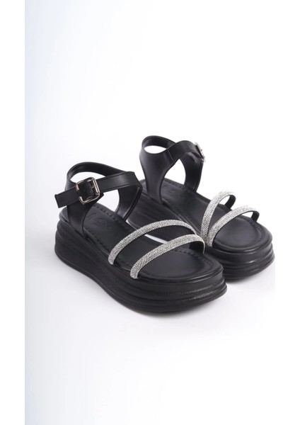 Zlohe Kalın Tokalı Taşlı Şeritli Ortopedik Taban Kadın Sandalet Cst - Siyah fırsatları