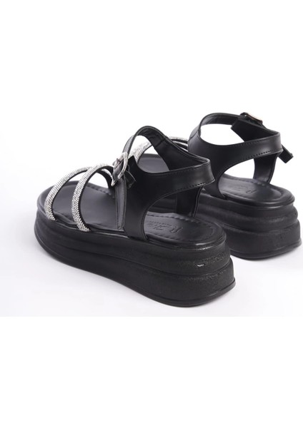 Zlohe Kalın Tokalı Taşlı Şeritli Ortopedik Taban Kadın Sandalet Cst - Siyah indirimleri