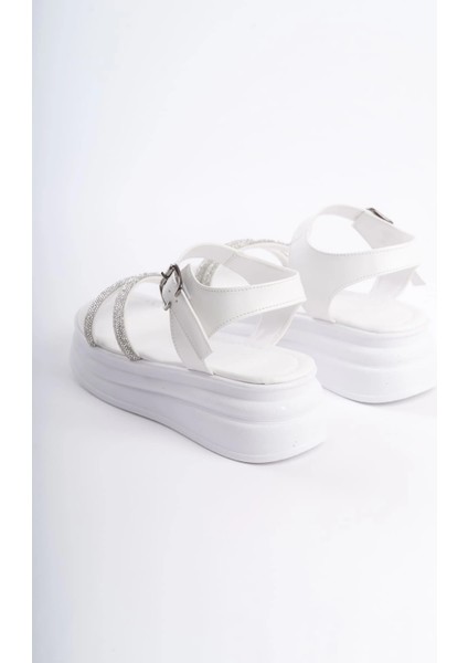 Zlohe Kalın Tokalı Taşlı Şeritli Ortopedik Taban Kadın Sandalet Cbt - Beyaz indirimleri