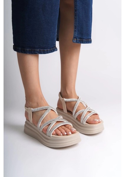 Elena Lastikli Taşlı Şeritli Ortopedik Taban Kadın Sandalet Ckt - Krem