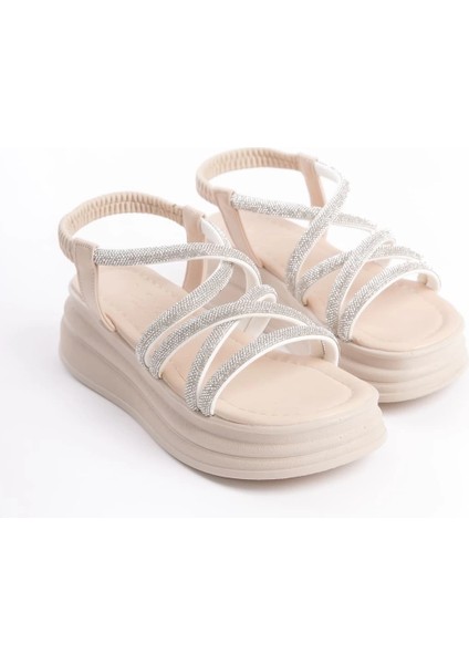 Elena Lastikli Taşlı Şeritli Ortopedik Taban Kadın Sandalet Ckt - Krem fırsatları