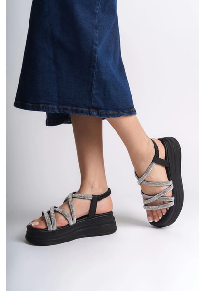 Elena Lastikli Taşlı Şeritli Ortopedik Taban Kadın Sandalet Cst - Siyah modelleri