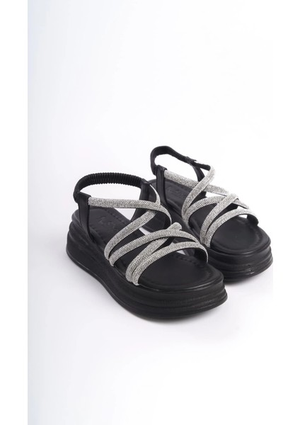 Elena Lastikli Taşlı Şeritli Ortopedik Taban Kadın Sandalet Cst - Siyah fırsatları