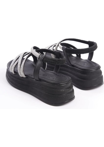 Elena Lastikli Taşlı Şeritli Ortopedik Taban Kadın Sandalet Cst - Siyah indirimleri