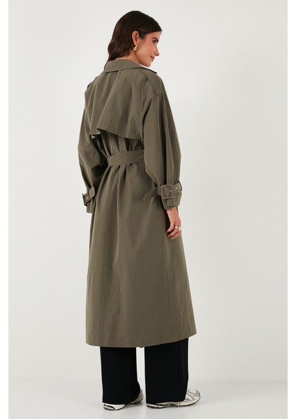 Pamuklu Oversize Kruvaze Yaka Kol Apoletli Rüzgarlıklı Trençkot Bayan Trençkot 6839637