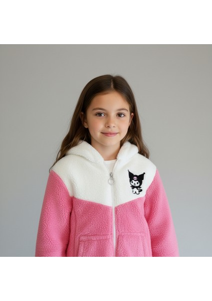 Kuromi Nakışlı Çift Renk Pelüş Kapüşonlu Kız Çocuk Hırka