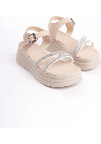 Zlohe Kalın Tokalı Taşlı Şeritli Ortopedik Taban Kadın Sandalet Ckt - Krem fırsatları