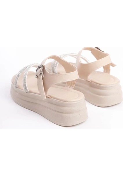 Zlohe Kalın Tokalı Taşlı Şeritli Ortopedik Taban Kadın Sandalet Ckt - Krem indirimleri