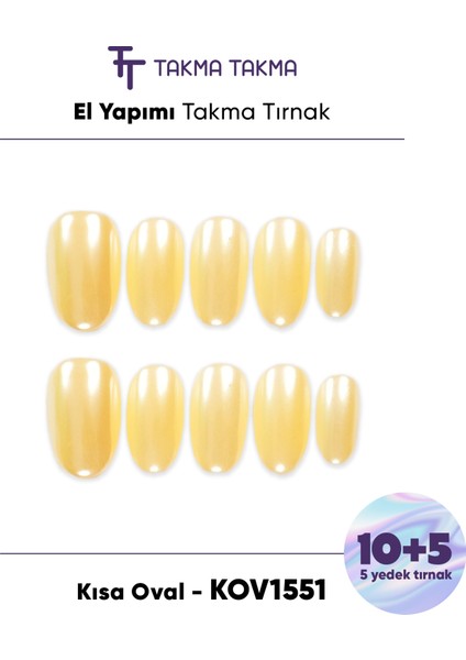 15'li Sarı Kısa Oval KOV1551 Tekrar Kullanılabilir El Yapımı Protez Takma Tırnak - Sarı-S