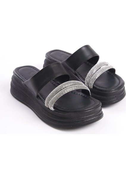 Sarah Düz Topuklu Taşlı Şeritli Kalın ve Ortopedik Taban Kadın Terlik Cst - Siyah fırsatları