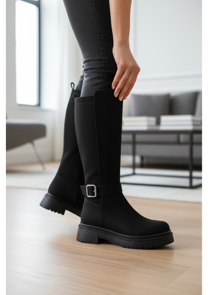 Nubuk Siyah Uzun Fermuarlı Sitreçli Tokalı Kalın Taban Kadın Çizme