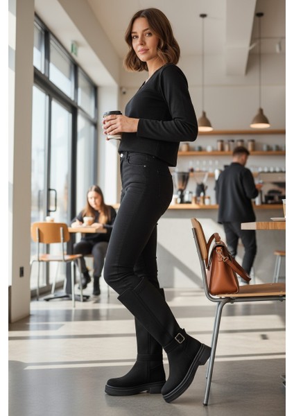 Nubuk Siyah Uzun Fermuarlı Sitreçli Tokalı Kalın Taban Kadın Çizme fiyatları