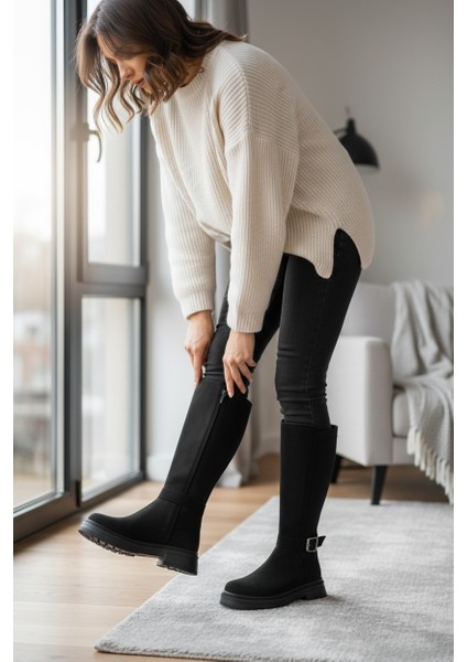 Nubuk Siyah Uzun Fermuarlı Sitreçli Tokalı Kalın Taban Kadın Çizme modelleri
