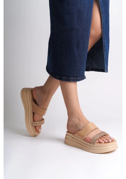 Sarah Düz Topuklu Taşlı Şeritli Kalın ve Ortopedik Taban Kadın Terlik Ctt - Ten modelleri