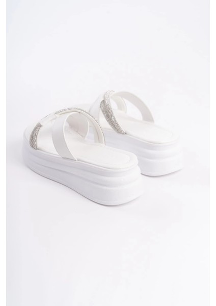 Ruby Düz Topuklu Taşlı Çapraz Şeritli Kalın ve Ortopedik Taban Kadın Terlik Cbt - Beyaz indirimleri