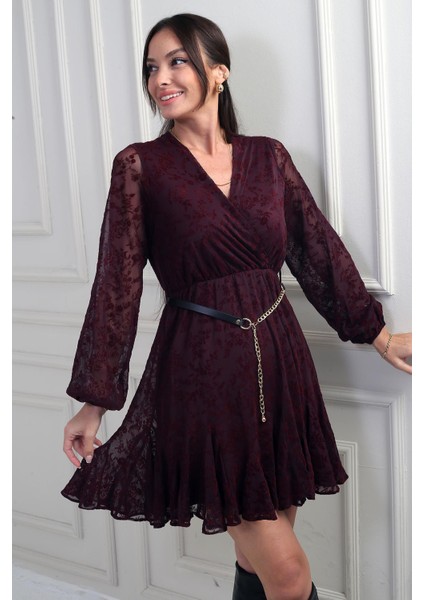 Kadın Kruvaze Yaka Astarlı Flok Baskılı Kısa Tül Elbise