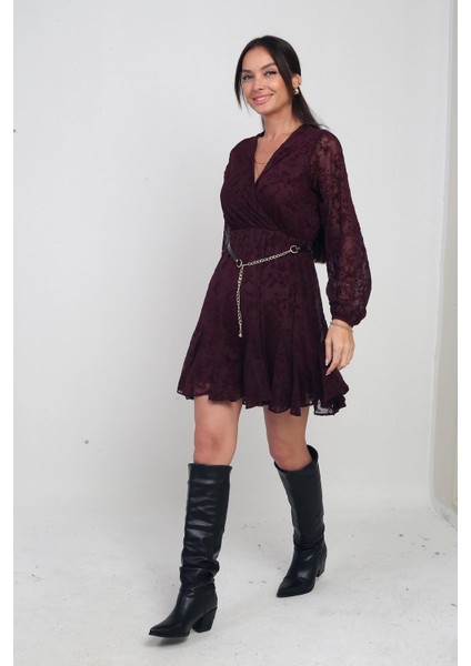 Kadın Kruvaze Yaka Astarlı Flok Baskılı Kısa Tül Elbise fiyatları