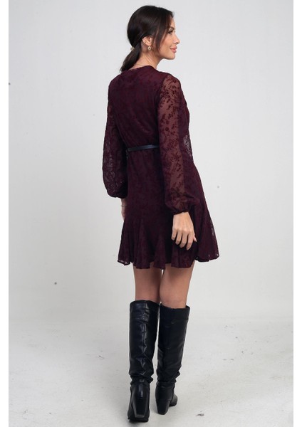 Kadın Kruvaze Yaka Astarlı Flok Baskılı Kısa Tül Elbise fırsatları