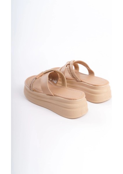 Ruby Düz Topuklu Taşlı Çapraz Şeritli Kalın ve Ortopedik Taban Kadın Terlik Ctt - Ten indirimleri