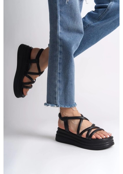 Bella Lastikli Şerit Detaylı Ortopedik Taban Kadın Sandalet Cst - Siyah