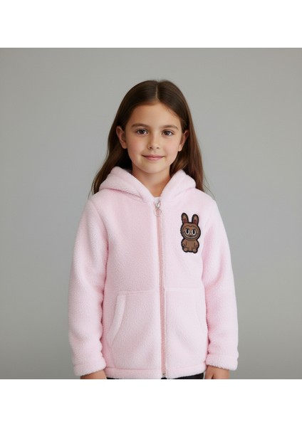 Labubu Nakışlı Pelüş Kapüşonlu Kız Çocuk Hırka