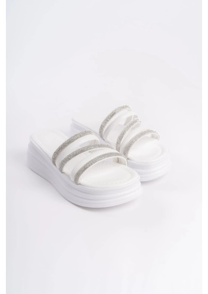 Elıse Düz Topuklu Şeritli Taşlı Kalın ve Ortopedik Taban Kadın Terlik Cbt - Beyaz fırsatları