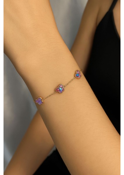 Minimal Kelebek Mor Taşlı Çelik Bileklik