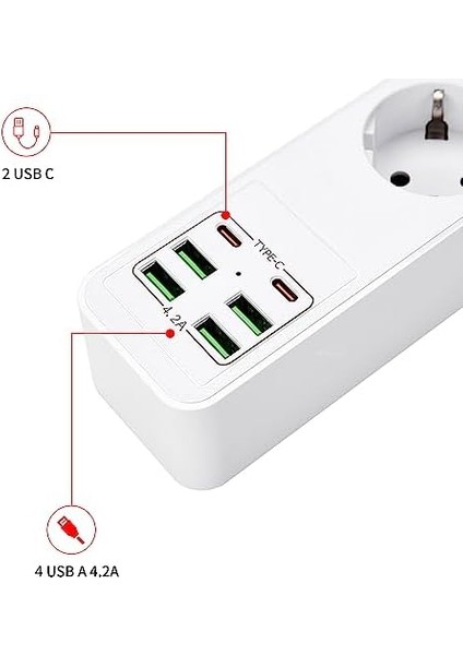 Hızlı Şarj Istasyonu 3000W 3 Lü Priz 2 Metre Uzatma Kablosu Çoklu Priz 4 USB 2 Type C Girişli 18 Watt Pd Şarj On/off Düğmeli fiyatları