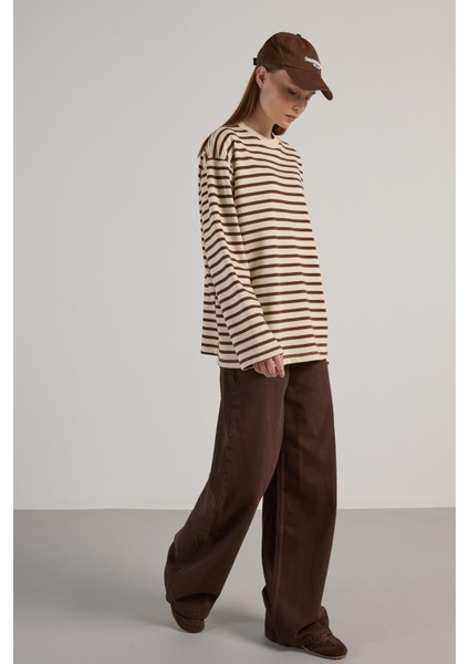 Kadın Çizgili Oversize Bordo Krem Sweatshirt 30010