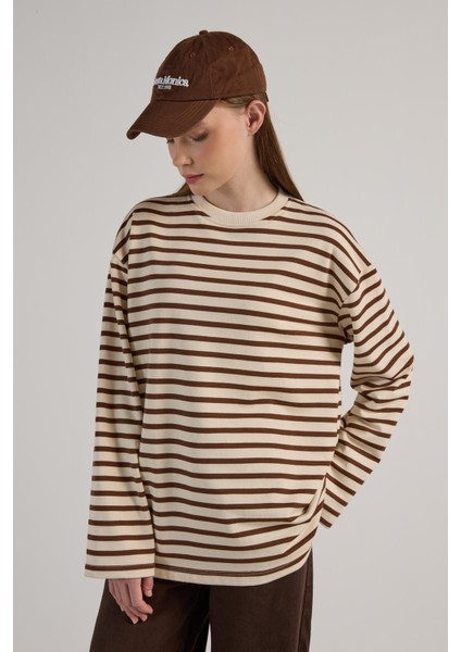 Kadın Çizgili Oversize Bordo Krem Sweatshirt 30010 indirimleri