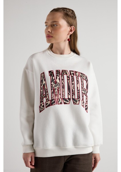 Leopar Nakışlı 3 Iplik Şardonlu Sweatshirt Ekru