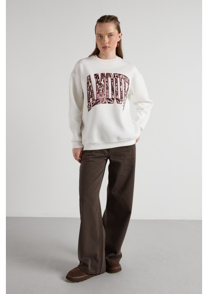 Leopar Nakışlı 3 Iplik Şardonlu Sweatshirt Ekru modelleri