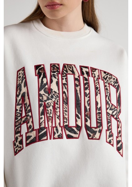 Leopar Nakışlı 3 Iplik Şardonlu Sweatshirt Ekru indirimleri
