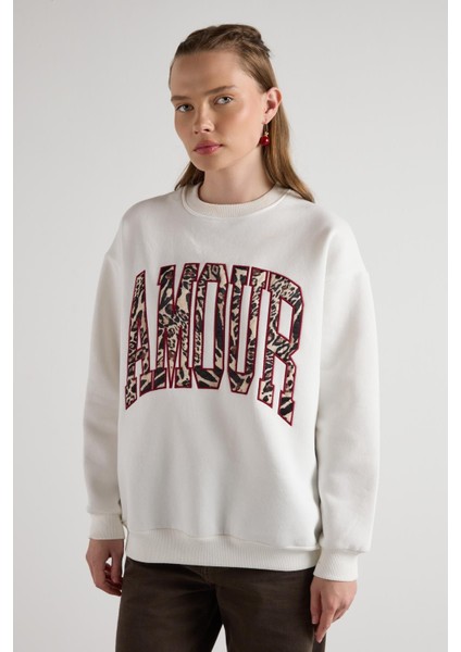 Leopar Nakışlı 3 Iplik Şardonlu Sweatshirt Ekru