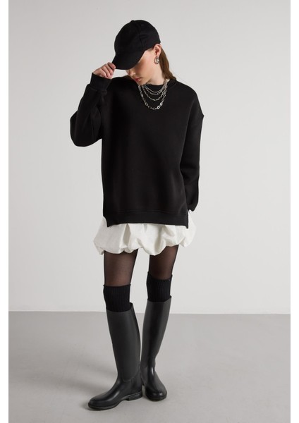 Kadın Siyah Basic Yırtmaçlı Oversize 3 Iplik Şardonlu Sweatshirts 30078