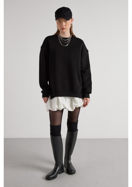 Kadın Siyah Basic Yırtmaçlı Oversize 3 Iplik Şardonlu Sweatshirts 30078 fiyatları