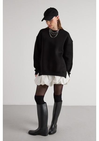 Kadın Siyah Basic Yırtmaçlı Oversize 3 Iplik Şardonlu Sweatshirts 30078 modelleri