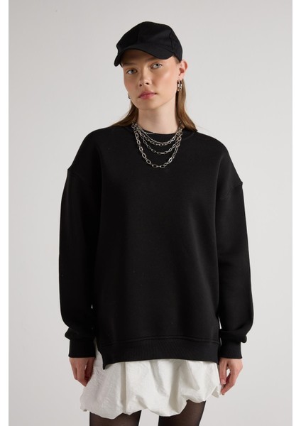 Kadın Siyah Basic Yırtmaçlı Oversize 3 Iplik Şardonlu Sweatshirts 30078 fırsatları