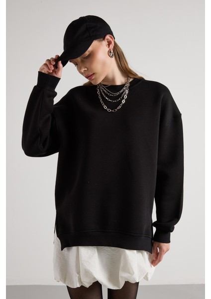 Kadın Siyah Basic Yırtmaçlı Oversize 3 Iplik Şardonlu Sweatshirts 30078 indirimleri