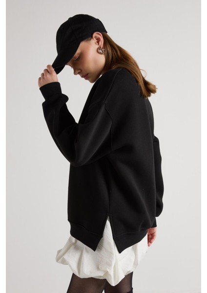 Kadın Siyah Basic Yırtmaçlı Oversize 3 Iplik Şardonlu Sweatshirts 30078