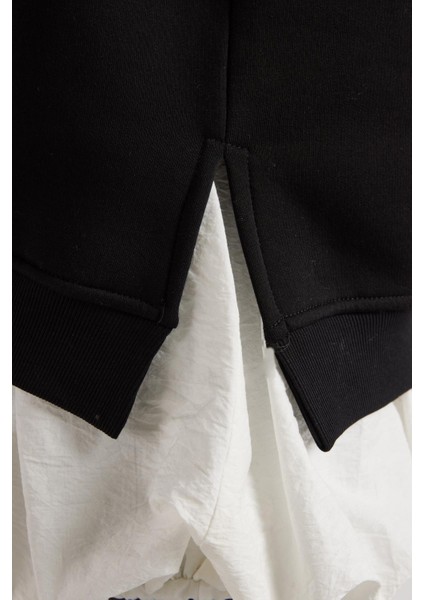 Kadın Siyah Basic Yırtmaçlı Oversize 3 Iplik Şardonlu Sweatshirts 30078