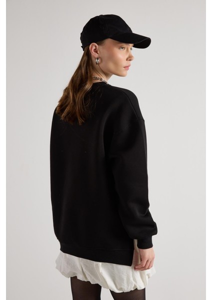 Kadın Siyah Basic Yırtmaçlı Oversize 3 Iplik Şardonlu Sweatshirts 30078
