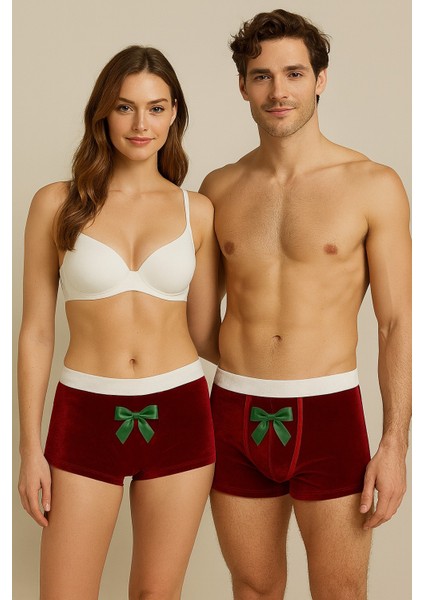 Kadın Yılbaşı/noel Kadife Kırmızı Fiyonk Detaylı Hediyelik Kadife Boxer Erkek Model NSM01EBX01