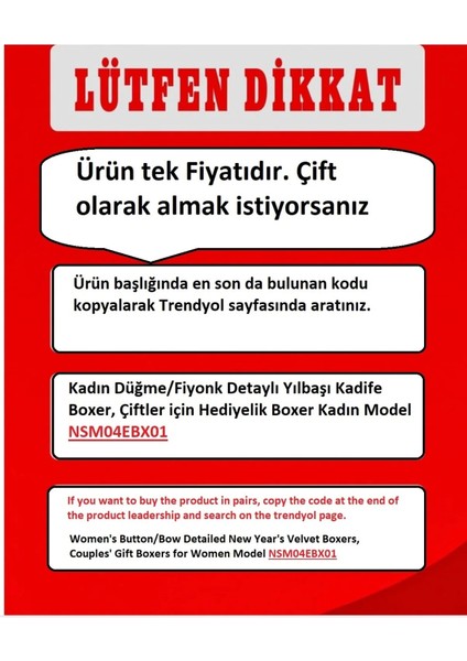 Kadın Yılbaşı/noel Kadife Kırmızı Fiyonk Detaylı Hediyelik Kadife Boxer Erkek Model NSM01EBX01 fiyatları